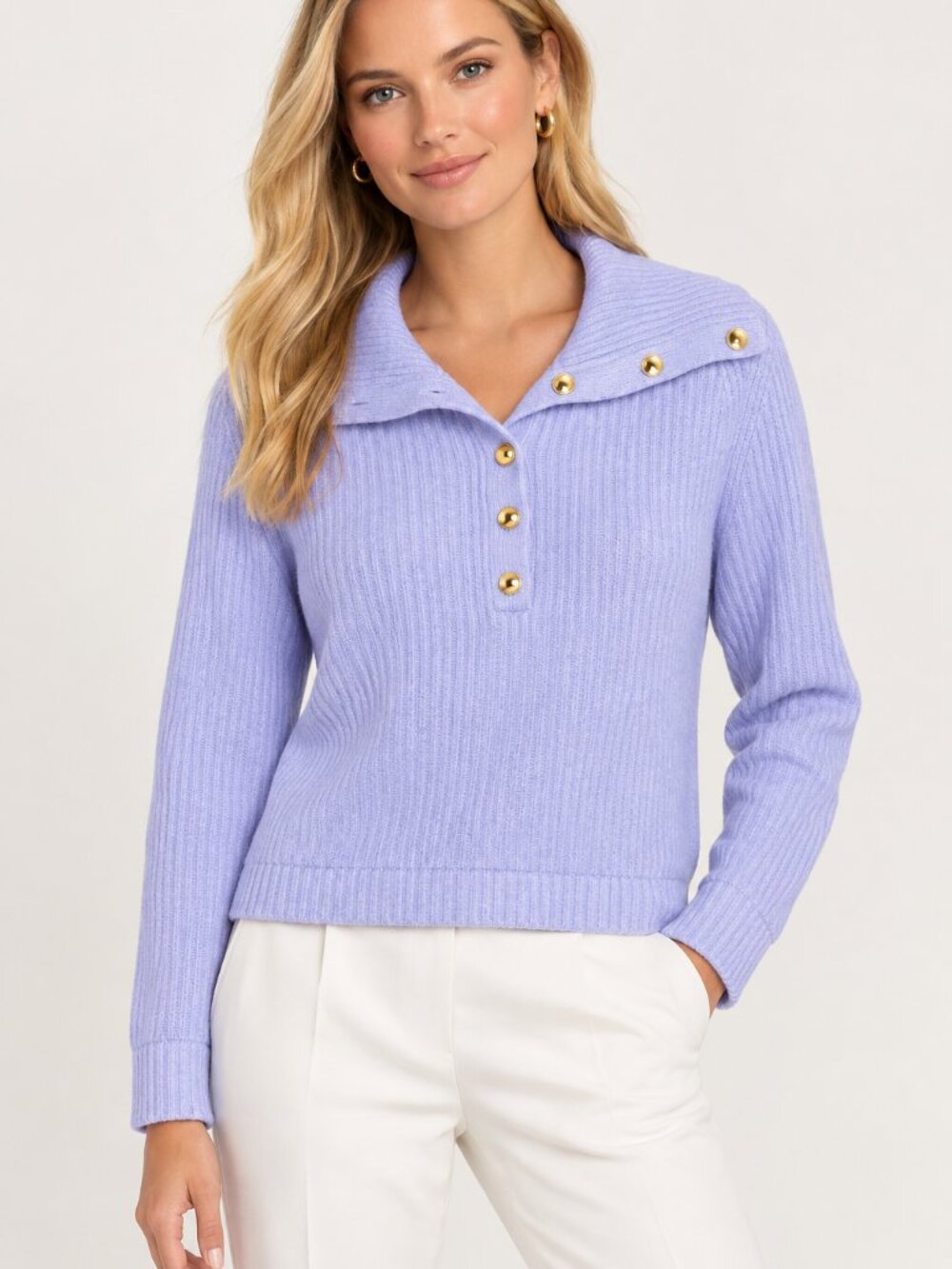 Ann Taylor NWT Lavender Ribbed Sweater Gold Button Shawl Collar Soft Size Small